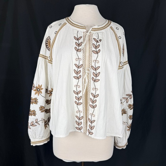 Anthropologie Tops - Anthropologie Boho Long Sleeve RD&Koko Embroidered Tie-Front Jacket Kimono Sz L
